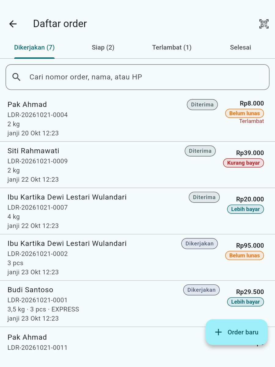 Daftar order Jefury Laundry: tab Dikerjakan, Siap, Terlambat, dengan status bayar tiap order (data contoh)