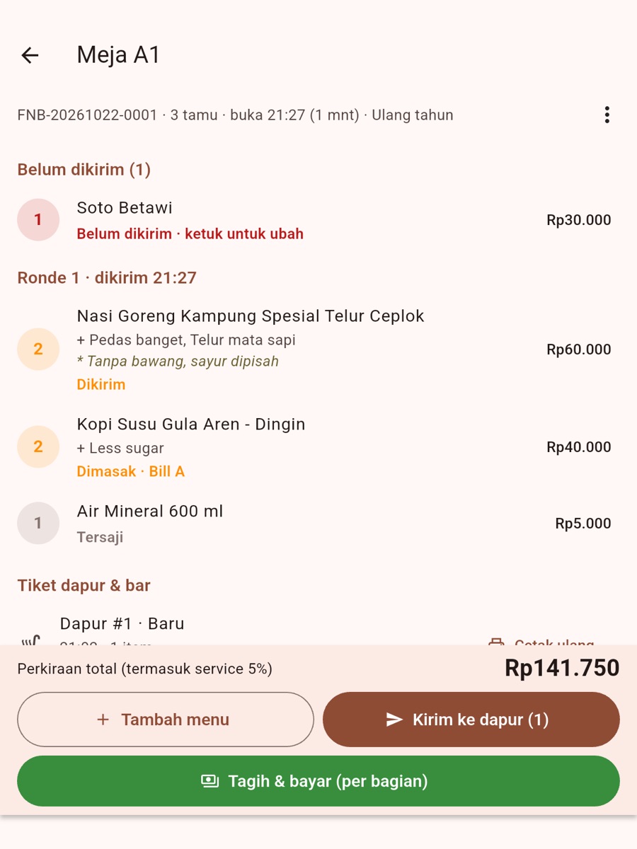 Bill meja di Jefury Resto: pesanan per ronde dengan pilihan dan catatan, status dapur, kirim ke dapur, tagih & bayar (data contoh)